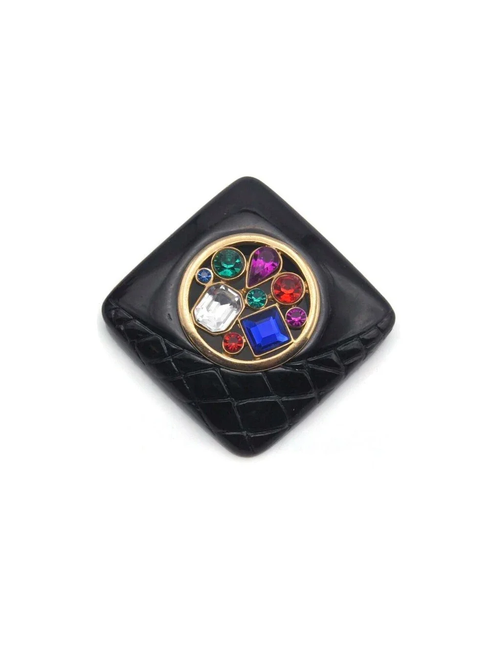 1980s Vintage Black Plastic and Colorful Rhinestones Brooch.